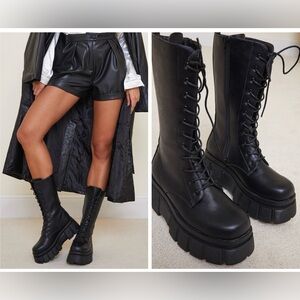 Black Platform Combat Boots Lace Up